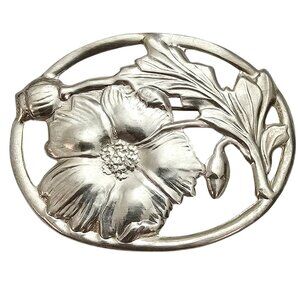 Sterling Silver Repousse Flower Leaf Brooch Oval Pin C798